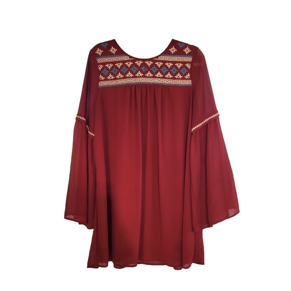 Entro Maroon Red Embroidered Boho Flowy Mini Dress